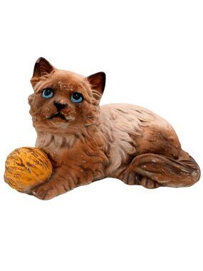 Vintage Cat Sculpture Cement Yarn Ball Yard Art Statue Concrete Cottagecore